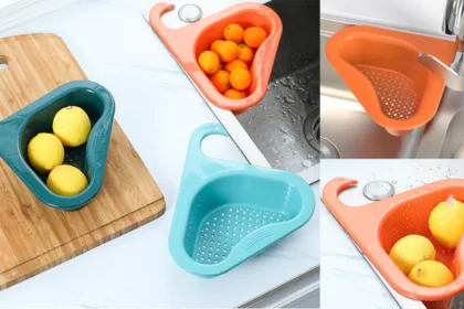 Swan-shaped kitchen sink drain strainer in corner of sink catching food scraps, compact and space-saving for clog prevention.