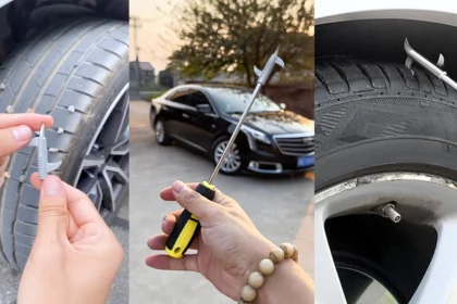 Hand holding a stainless steel tire cleaning hook removing stones from car tire tread, emphasizing durability and precision use.