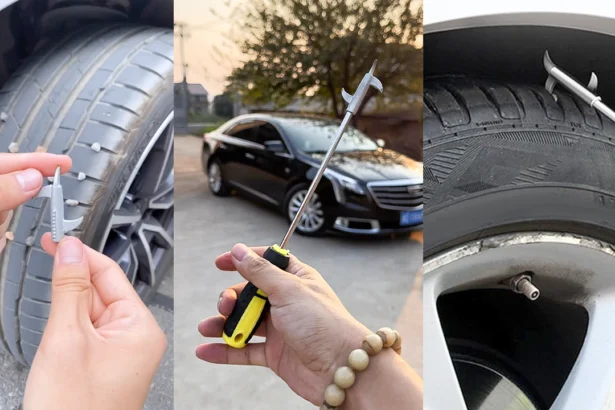 Hand holding a stainless steel tire cleaning hook removing stones from car tire tread, emphasizing durability and precision use.