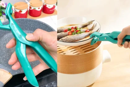 Silicone anti-scald bowl holder clips secure a bowl on a hot surface, ensuring non-slip heat protection.