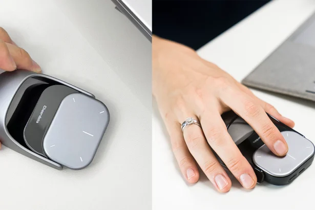 Sleek AI-powered detachable bluetooth air mouse with smart touchpad and voice recorder icons on a modern desk.