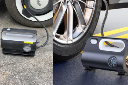 Compact portable car air pump with cordless design, ideal for tire inflating, featuring a digital display and emergency-use functionality.