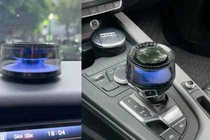 Ceeniu smart car air freshener diffuser with auto on/off function, emitting pleasant fragrance with ambient light for a luxury driving experience.