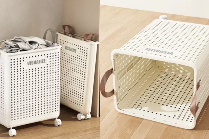Collapsible laundry basket with wheels, featuring space-saving design and odor-resistant fabric in a tidy laundry area.