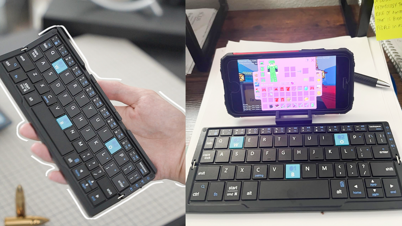 Compact foldable Bluetooth keyboard with durable aluminum design and magnetic stand on a tablet workstation.
