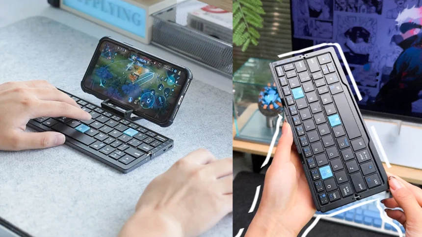 Compact foldable Bluetooth keyboard with durable aluminum design and magnetic stand on a tablet workstation.