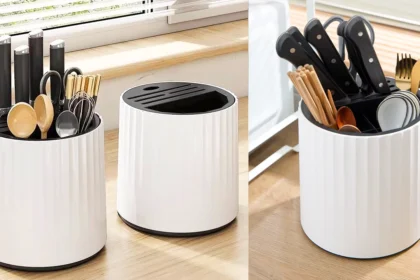 Modern kitchen rotary knife rack with rotating feature, neatly storing knives for space-saving and easy access.