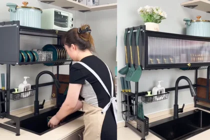 Sleek, carbon steel kitchen sink cabinet door rack, designed for efficient storage with multifunctional hooks and space-saving design.