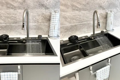 Sleek stainless steel waterfall kitchen sink with modern design, featuring a smooth, flowing water feature and eco-friendly, durable materials.