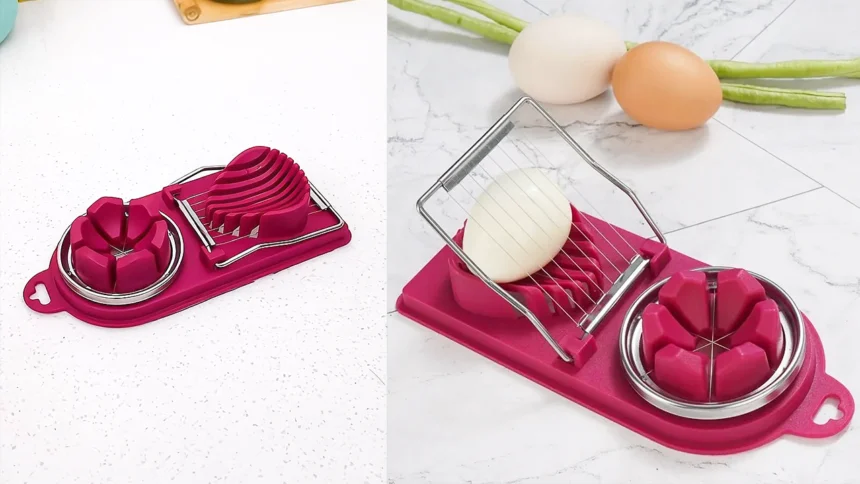 Stainless steel dual-blade egg cutter slicing a perfectly boiled egg on a tidy, mess-free kitchen counter.