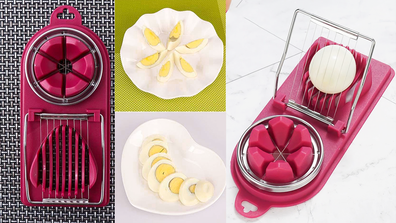 Stainless steel dual-blade egg cutter slicing a perfectly boiled egg on a tidy, mess-free kitchen counter.