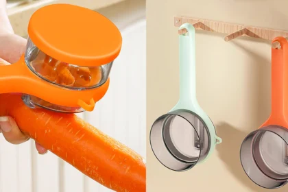 Double-sided stainless steel peeling knife with built-in storage box on a tidy kitchen counter.