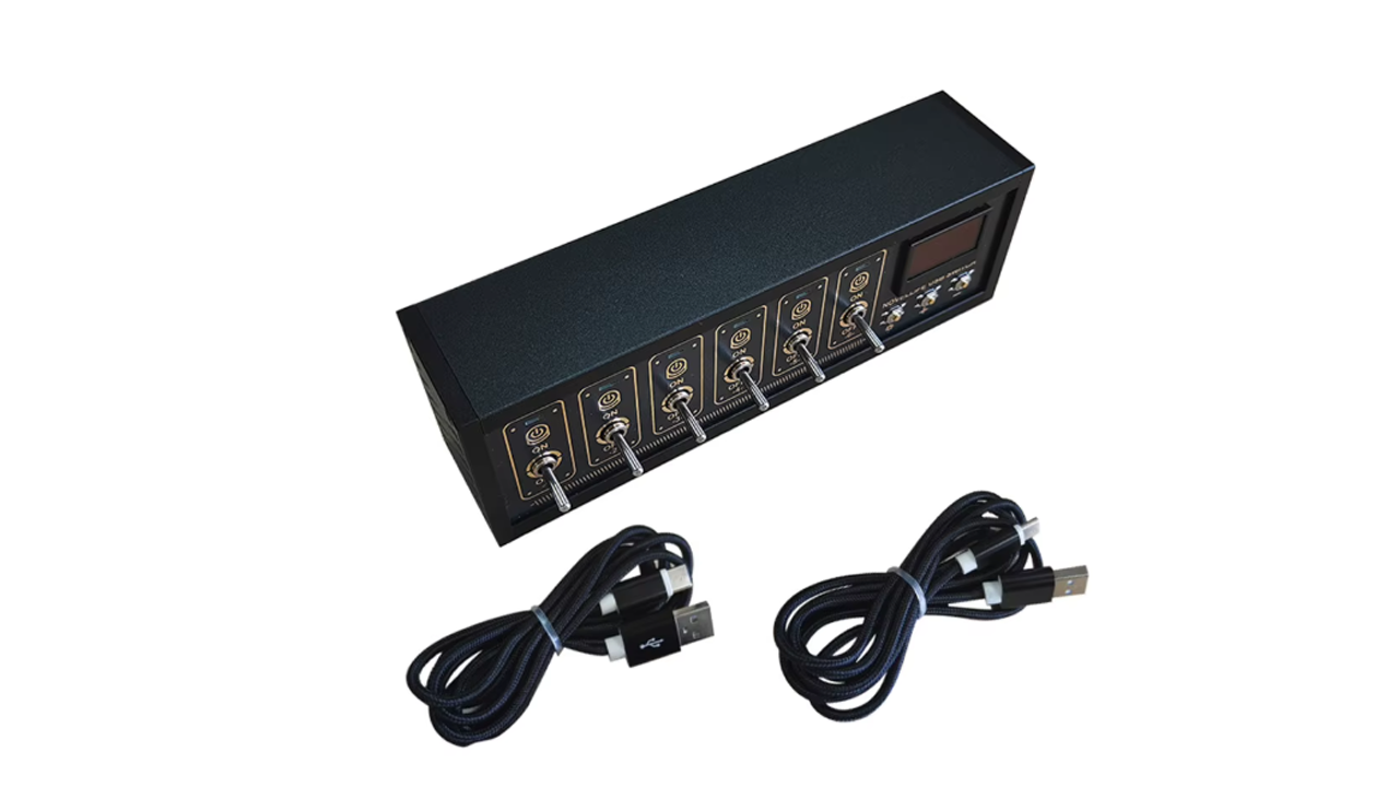 Vintage-style retro USB hub with 6 ports, toggle switches, and voice control for tech enthusiasts, placed on a modern desk.