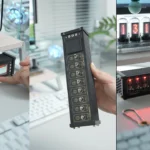 Vintage-style retro USB hub with 6 ports, toggle switches, and voice control for tech enthusiasts, placed on a modern desk.