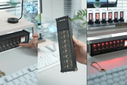 Vintage-style retro USB hub with 6 ports, toggle switches, and voice control for tech enthusiasts, placed on a modern desk.