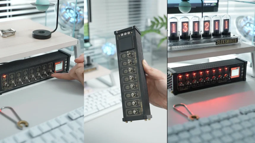 Vintage-style retro USB hub with 6 ports, toggle switches, and voice control for tech enthusiasts, placed on a modern desk.