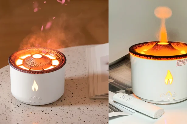 Volcano Spit Circle humidifier aroma diffuser emitting mist, placed on modern nightstand beside essential oils and soft lighting.