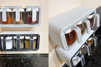 Sleek, modern wall-mounted spice rack holding multiple spice jars, designed for space-saving and efficient kitchen organization.