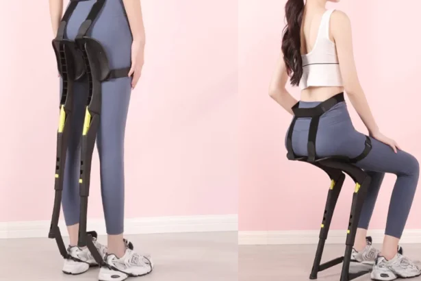 Ergonomic wearable chair offering portable, exoskeleton-style support for standing workers, enhancing comfort and mobility.