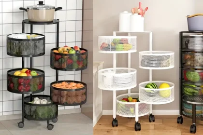 Multi-tier rotating kitchen storage rack on compact RV countertop, holding spices and utensils, with metal frame and adjustable shelves.