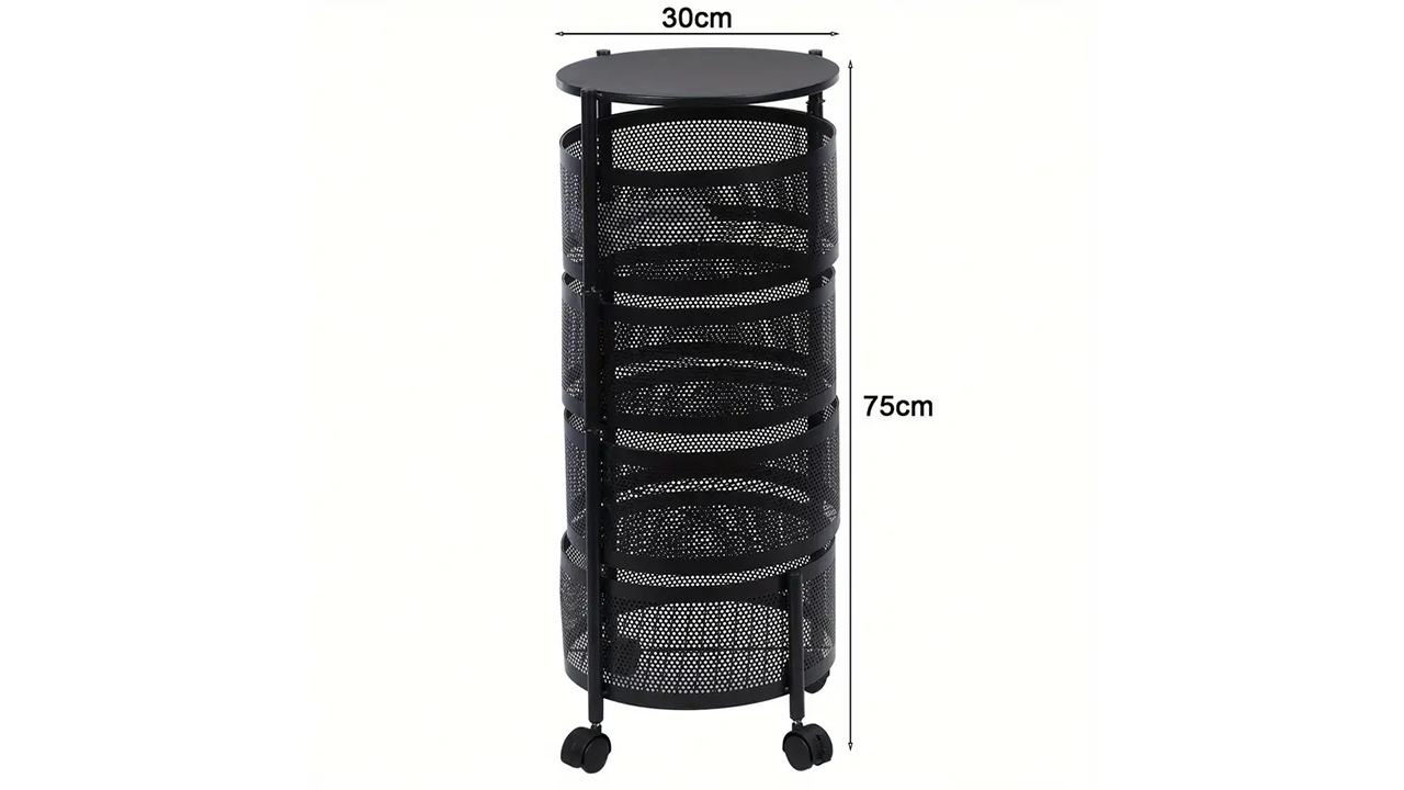 Multi-tier rotating kitchen storage rack on compact RV countertop, holding spices and utensils, with metal frame and adjustable shelves.
