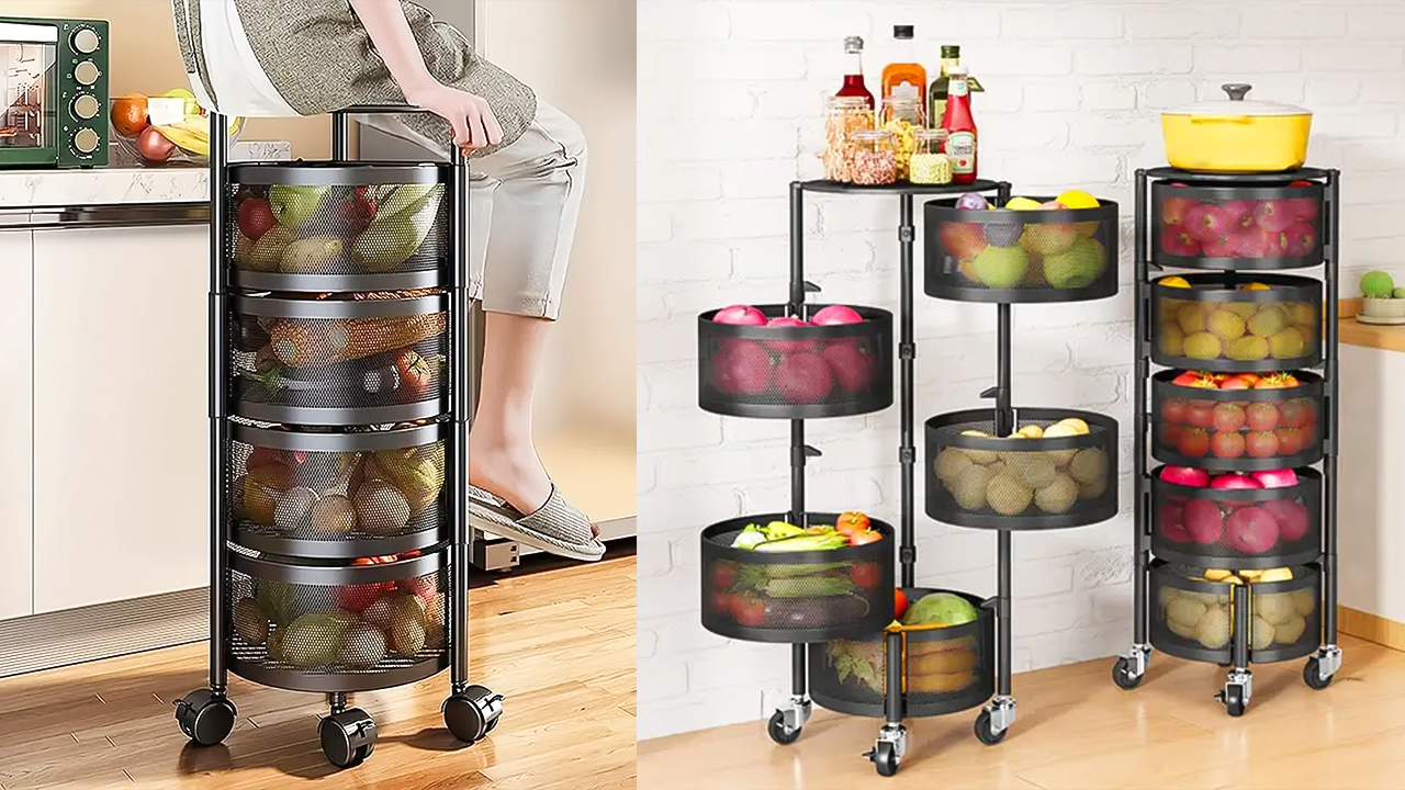 Multi-tier rotating kitchen storage rack on compact RV countertop, holding spices and utensils, with metal frame and adjustable shelves.