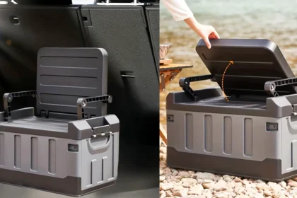 Large foldable car trunk organizer with 105L capacity, waterproof 600D polyester, mesh pockets, and a collapsible design for efficient storage.