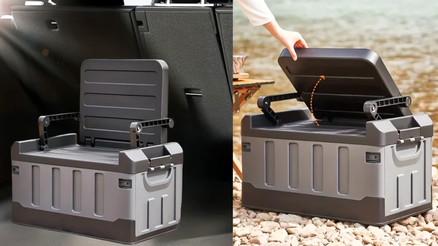 Large foldable car trunk organizer with 105L capacity, waterproof 600D polyester, mesh pockets, and a collapsible design for efficient storage.