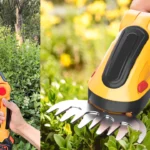 Cordless lawn mower and pruning shears with 24V lithium-ion battery, ergonomic design, and dual-functionality for lawn edging and trimming.