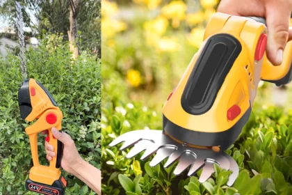 Cordless lawn mower and pruning shears with 24V lithium-ion battery, ergonomic design, and dual-functionality for lawn edging and trimming.