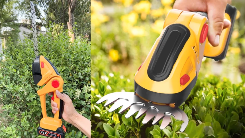 Cordless lawn mower and pruning shears with 24V lithium-ion battery, ergonomic design, and dual-functionality for lawn edging and trimming.