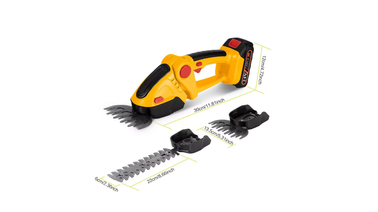 Cordless lawn mower and pruning shears with 24V lithium-ion battery, ergonomic design, and dual-functionality for lawn edging and trimming.