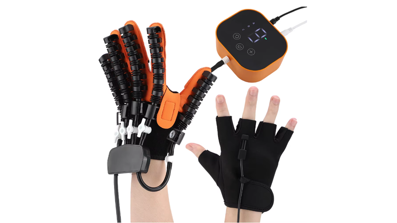 Soft robotic hand rehabilitation glove worn on a patient’s hand, designed for stroke recovery and post-surgery therapy at home.