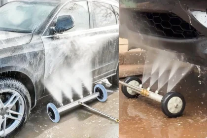High-pressure undercarriage pressure washer attachment spraying water beneath a car for rust prevention and deep cleaning.