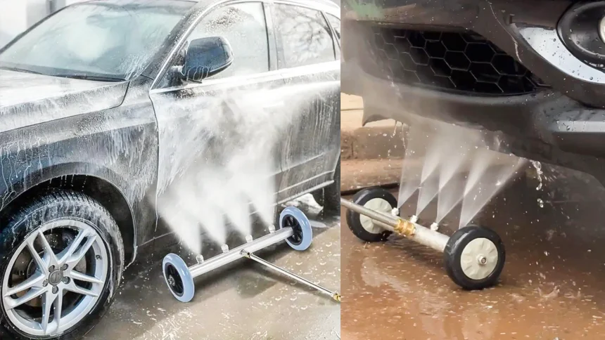 High-pressure undercarriage pressure washer attachment spraying water beneath a car for rust prevention and deep cleaning.