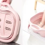 Collapsible foot bath basin in pastel blue, compact and foldable for easy home foot soak and portable spa relaxation.