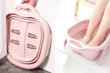 Collapsible foot bath basin in pastel blue, compact and foldable for easy home foot soak and portable spa relaxation.
