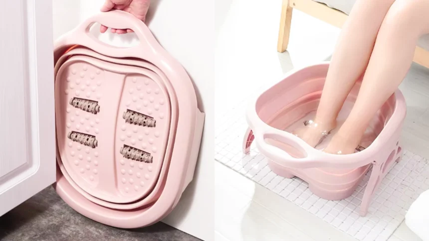 Collapsible foot bath basin in pastel blue, compact and foldable for easy home foot soak and portable spa relaxation.