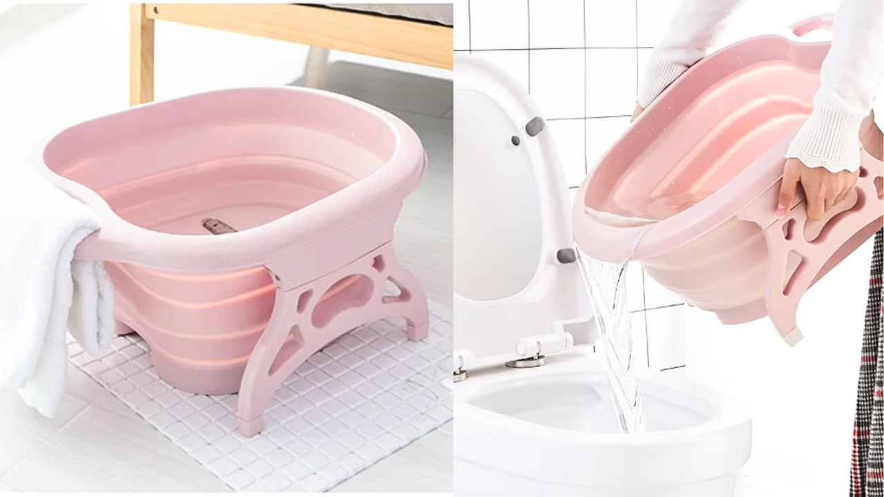 Collapsible foot bath basin in pastel blue, compact and foldable for easy home foot soak and portable spa relaxation.