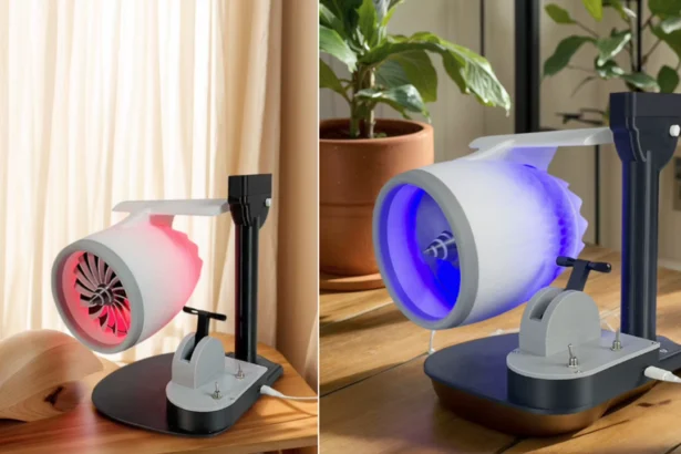 3D printed jet engine USB desk fan with LED lights and mist humidifier, designed as a quiet, powerful aviation-themed cooling gadget for office use.