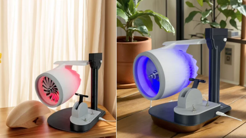3D printed jet engine USB desk fan with LED lights and mist humidifier, designed as a quiet, powerful aviation-themed cooling gadget for office use.
