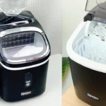 EUHOMY portable nugget ice maker on a countertop, producing soft, chewable ice cubes, with a handle and compact design for home use.