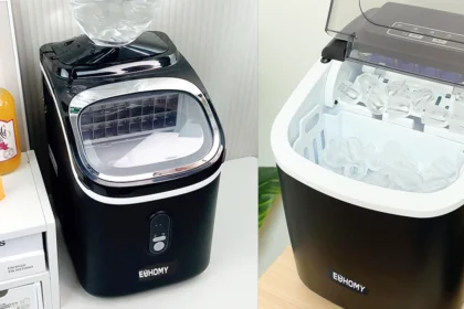 EUHOMY portable nugget ice maker on a countertop, producing soft, chewable ice cubes, with a handle and compact design for home use.