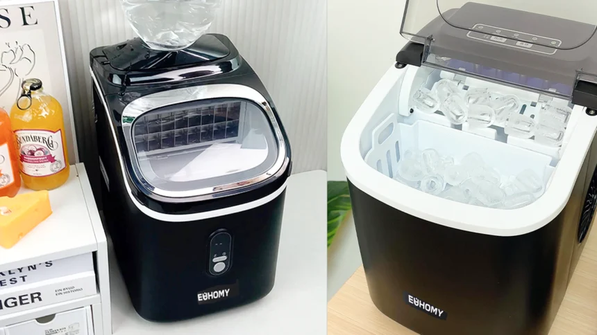 EUHOMY portable nugget ice maker on a countertop, producing soft, chewable ice cubes, with a handle and compact design for home use.