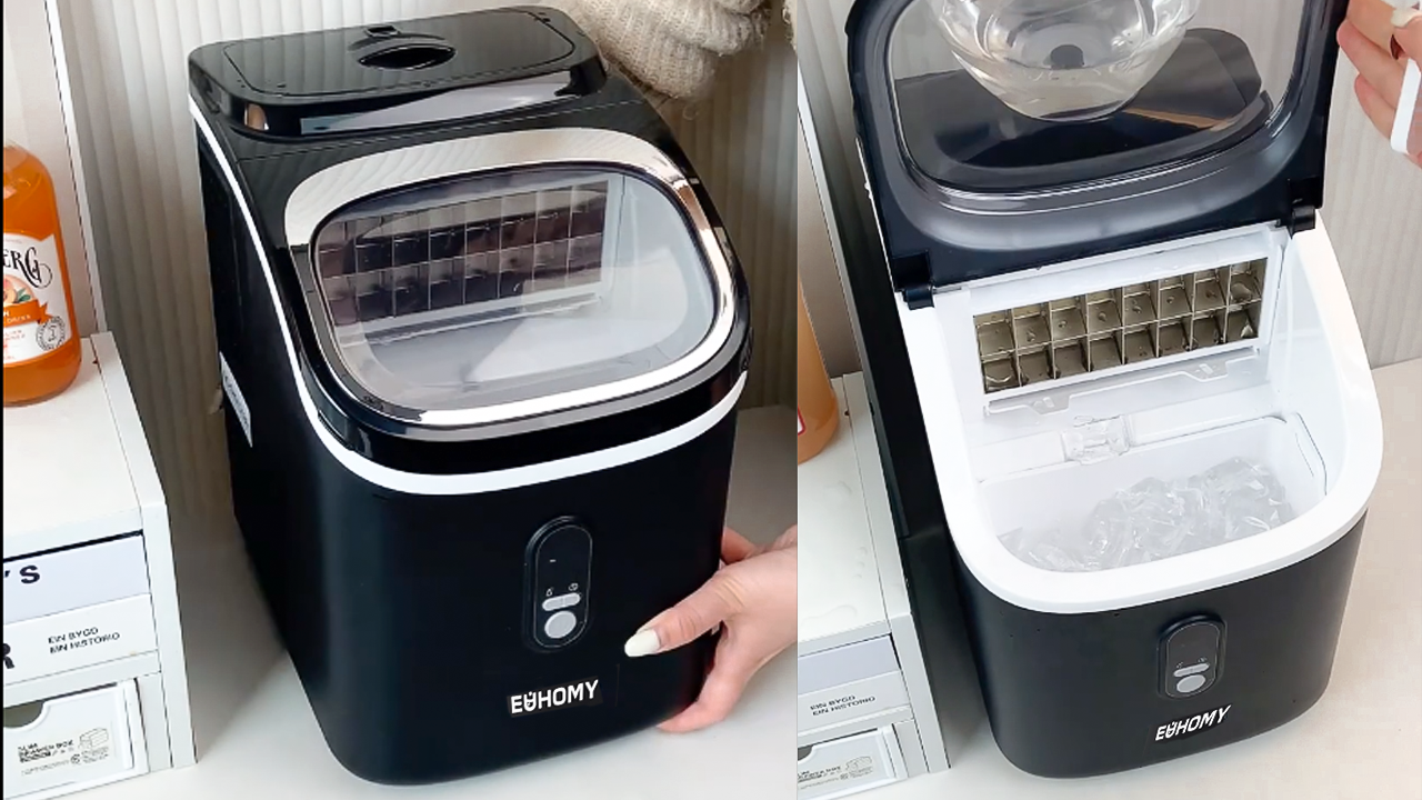 EUHOMY portable nugget ice maker on a countertop, producing soft, chewable ice cubes, with a handle and compact design for home use.