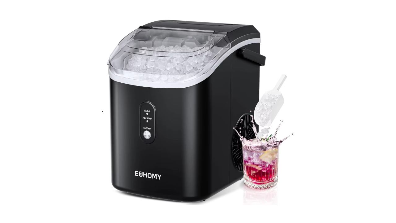 EUHOMY portable nugget ice maker on a countertop, producing soft, chewable ice cubes, with a handle and compact design for home use.