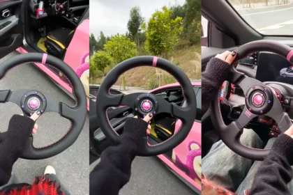 Flat bottom 350mm D-shaped racing steering wheel with suede grip, designed for sim racing and GT car performance upgrades.