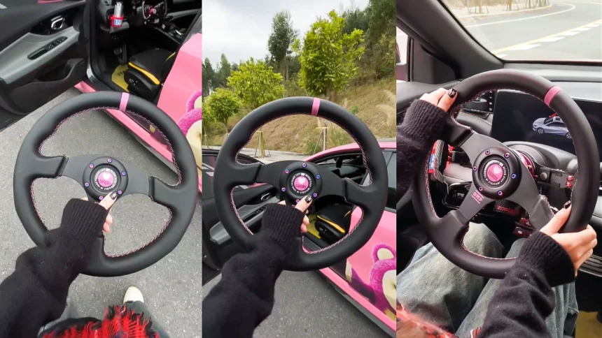 Flat bottom 350mm D-shaped racing steering wheel with suede grip, designed for sim racing and GT car performance upgrades.