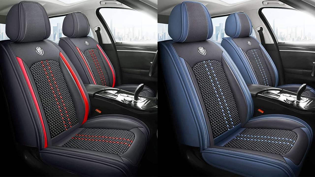 Black 5 seat full coverage car seat covers in waterproof faux leather with snug universal fit inside modern SUV interior.
