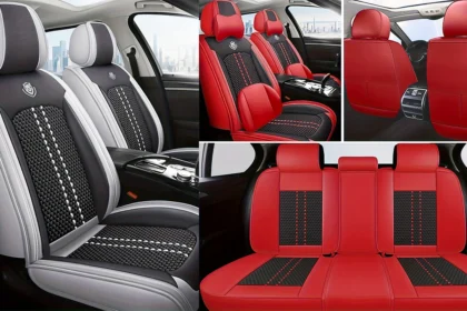 Black 5 seat full coverage car seat covers in waterproof faux leather with snug universal fit inside modern SUV interior.